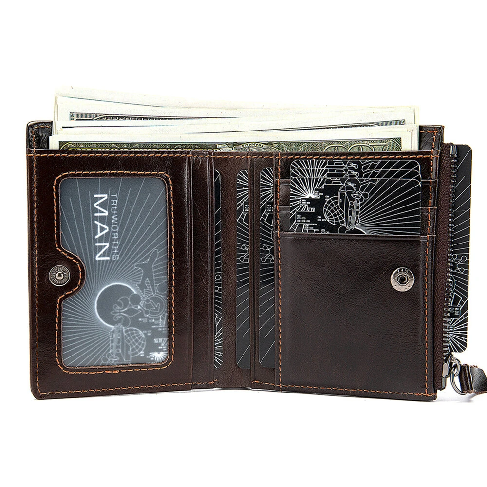 (image for) Ekphero Genuine Leather Mens Wallet Man Zipper Short Small Coin Purse Male Rfid Anti-theft Swipe Card Purse Multicard Slot ID Credit Holder